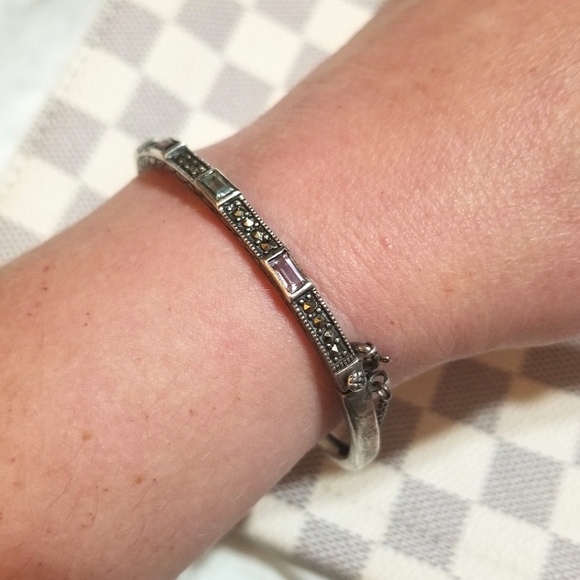 VTG designer signed Deco Style Multi Gems Marcasite Sterling Bracelet - Picture 4 of 8